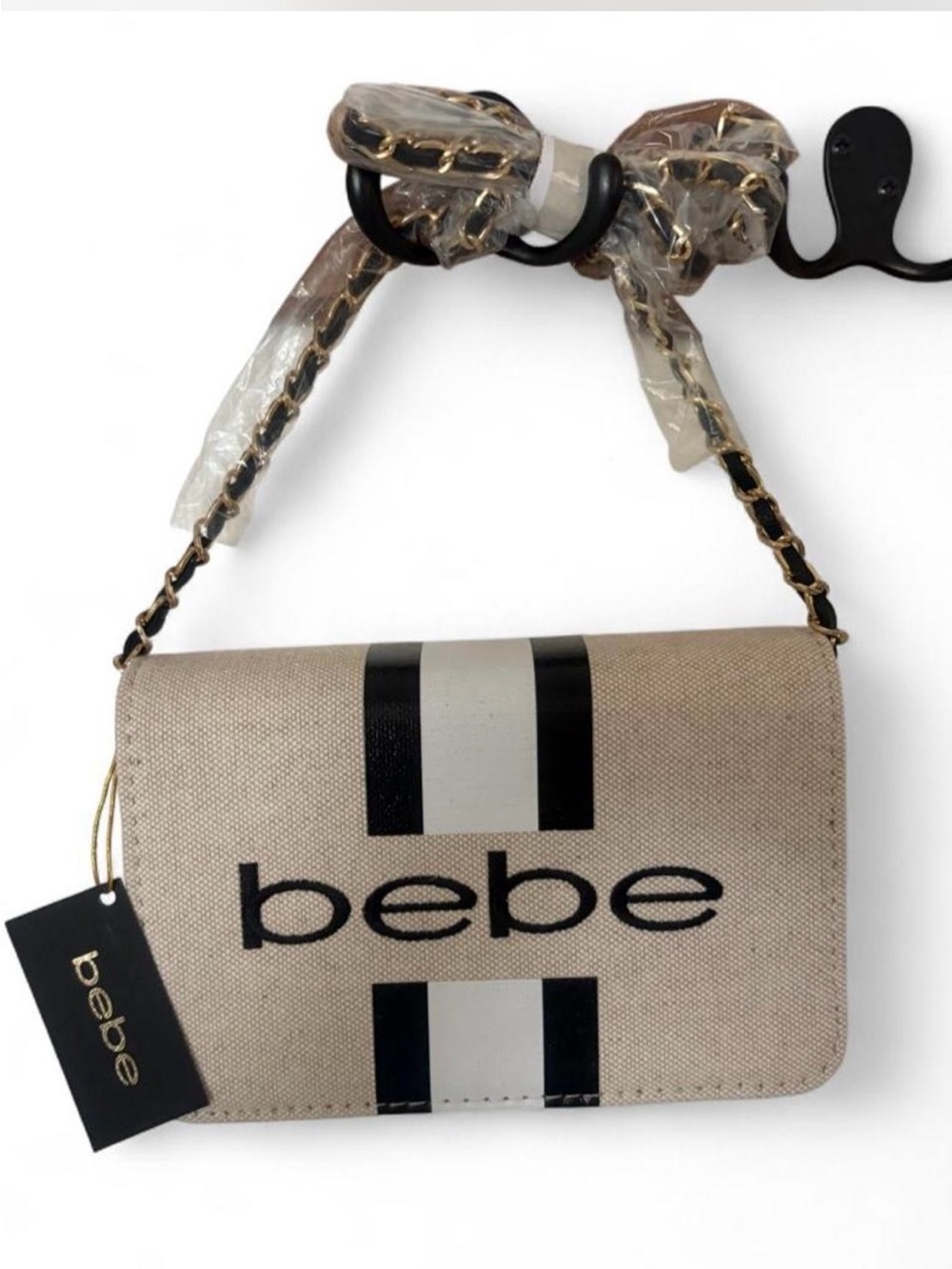 bebe Beige Canvas Crossbody with Black and White Stripe Accents and Gold Chain